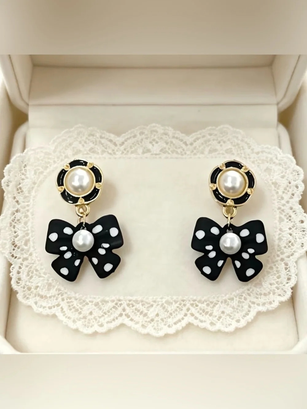 Black White Polka Dot Bow Drop Earrings with Pearl Detail